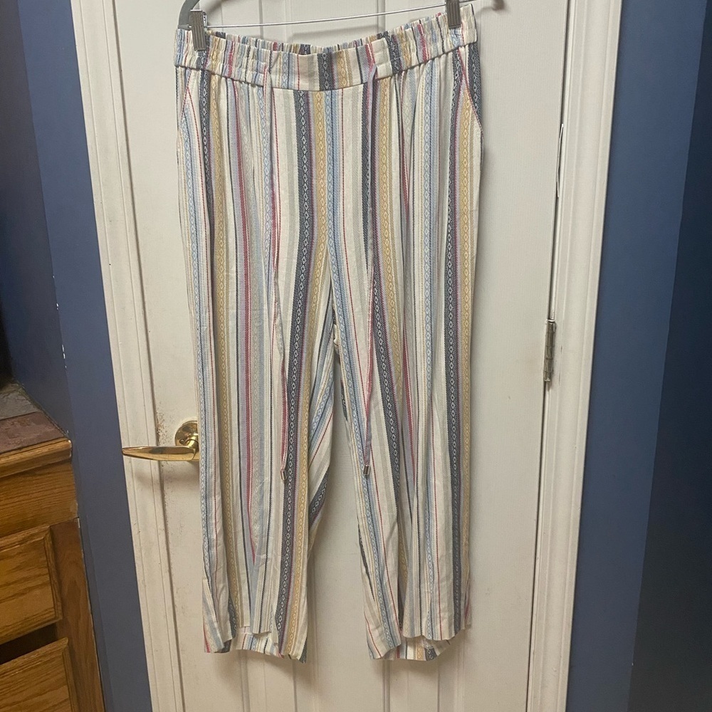 Ashley Stewart Linen Pants Printed stripes elastic  Waist Pockets chino size 14